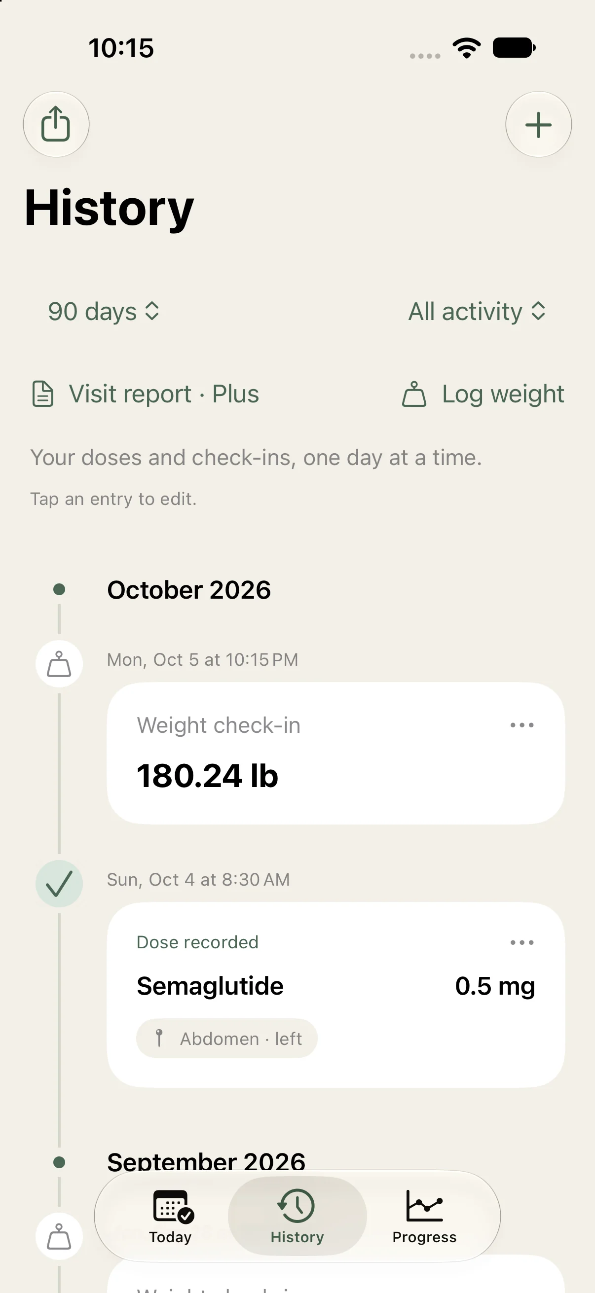 Fictional Liten history showing dose and weight entries in a timeline
