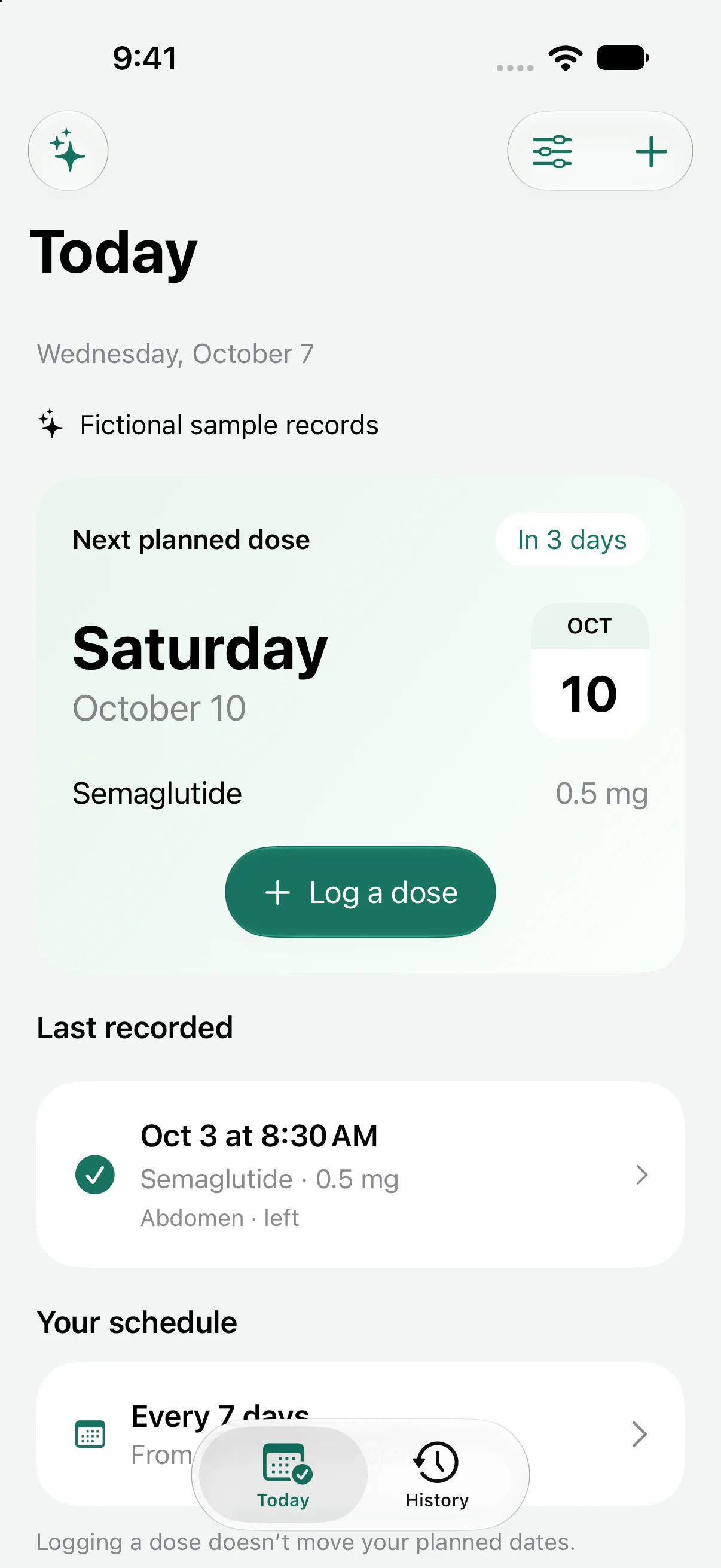Liten Today screen showing a fictional planned dose and a fictional last recorded dose